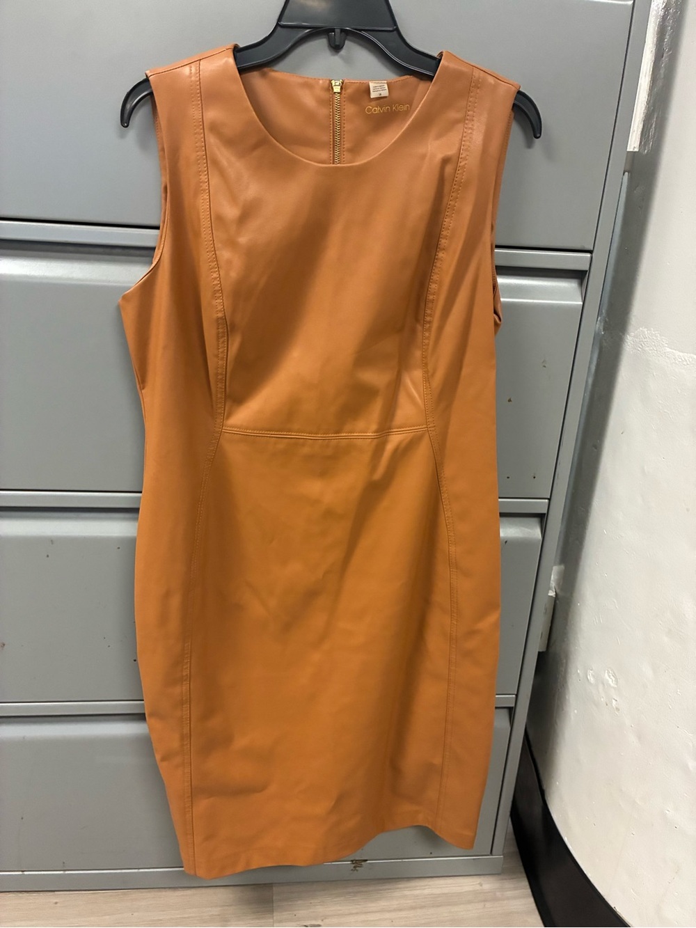 Calvin Klein Sleeveless Faux Leather Sheath Dress in Cognac